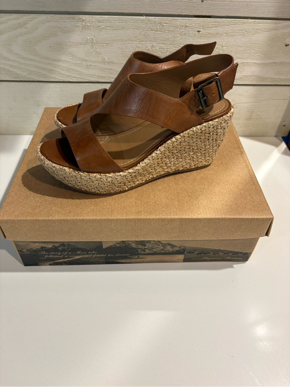 Trask Tan Leather Espadrille Wedge Sandals with Buckle 8.5